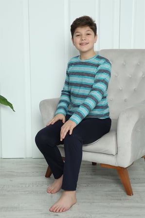 Moda Çizgi Erkek Çocuk Penye Pijama Takım 20413 Turkuaz