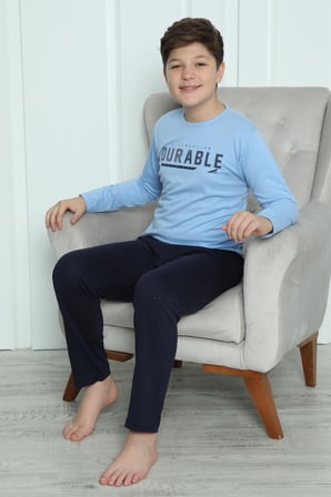 Moda Çizgi Erkek Çocuk Penye Pijama Takım 20412 Mavi