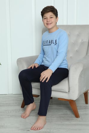 Moda Çizgi Erkek Çocuk Penye Pijama Takım 20412 Mavi