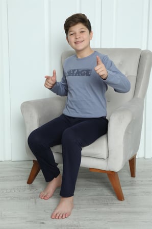 Moda Çizgi Erkek Çocuk Penye Pijama Takım 20411 Gri