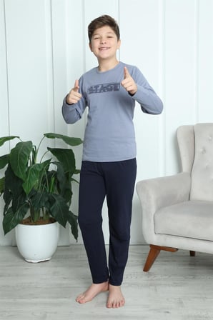 Moda Çizgi Erkek Çocuk Penye Pijama Takım 20411 Gri