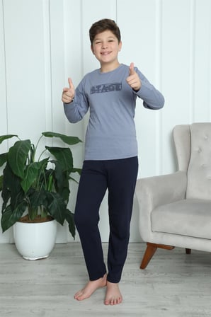 Moda Çizgi Erkek Çocuk Penye Pijama Takım 20411 Gri