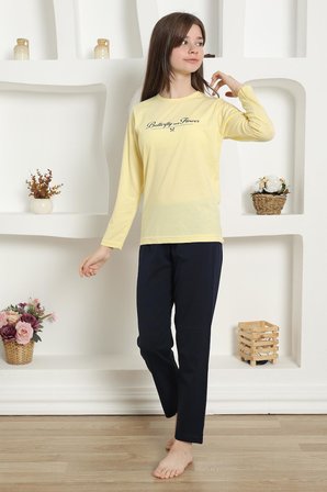 Moda Çizgi Kız Çocuk Penye Pijama Takım 20422 Sarı