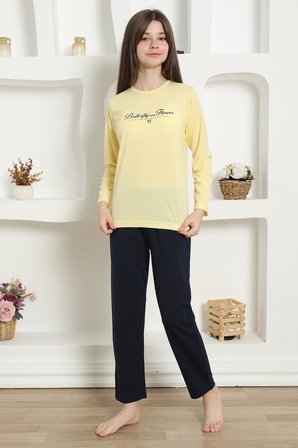 Moda Çizgi Kız Çocuk Penye Pijama Takım 20422 Sarı