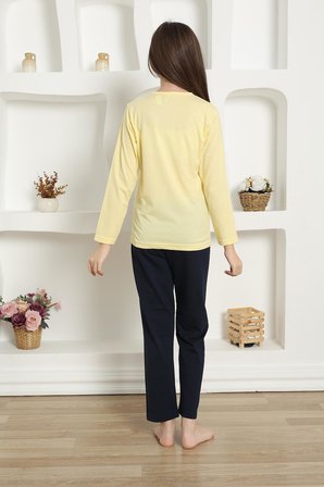 Moda Çizgi Kız Çocuk Penye Pijama Takım 20422 Sarı