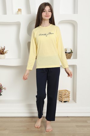 Moda Çizgi Kız Çocuk Penye Pijama Takım 20422 Sarı