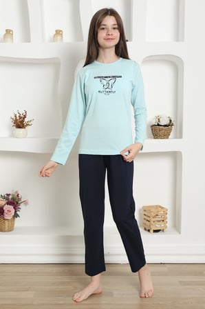 Moda Çizgi Kız Çocuk Penye Pijama Takım 20421 Su Yeşili