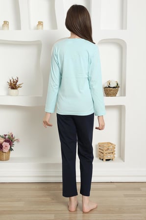 Moda Çizgi Kız Çocuk Penye Pijama Takım 20421 Su Yeşili