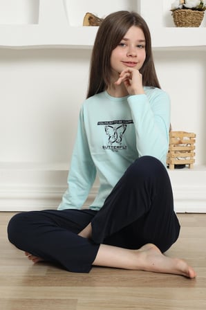 Moda Çizgi Kız Çocuk Penye Pijama Takım 20421 Su Yeşili