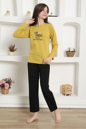 Moda Çizgi Kız Çocuk Penye Pijama Takım 20420 Sarı