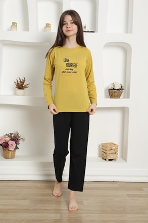 Moda Çizgi Kız Çocuk Penye Pijama Takım 20420 Sarı