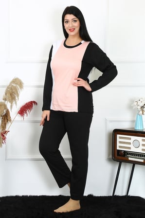 Moda Çizgi Kadın Büyük Beden Penye Uzun Kol Pijama Takım 202213 Somon