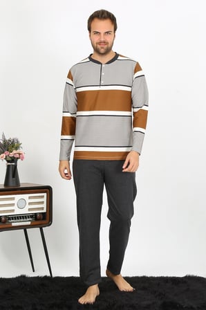 Moda Çizgi Erkek Uzun Kol Penye Pijama Takım 6845 Sütlü Kahve