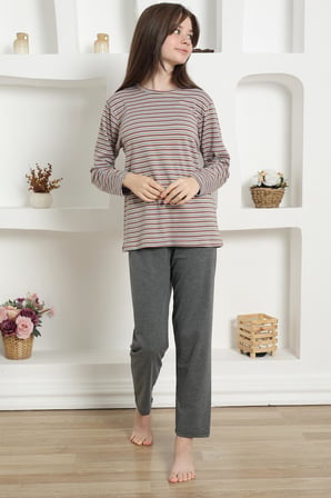 Moda Çizgi Kız Çocuk Penye Pijama Takım 20424 Füme