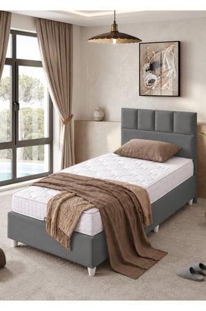 Baza Seti, Monaco Tek Kişilik Baza Başlık Maxi Yatak Seti, Gri - 90x190 cm