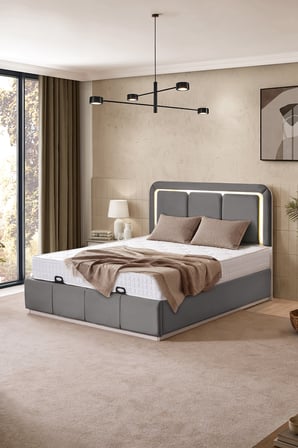 Demonte Baza Seti, Nox Ledli Çift Kişilik Baza Başlık Seti - İkili Set, Gri - 160x200 cm