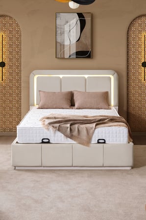 Demonte Baza Seti, Nox Ledli Çift Kişilik Baza Başlık Seti - İkili Set, Bej - 160x200 cm