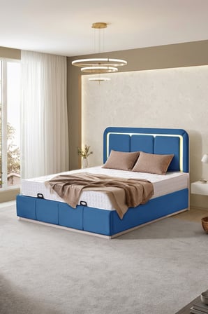 Demonte Baza Seti, Nox Ledli Çift Kişilik Baza Başlık Seti - İkili Set, Mavi - 160x200 cm