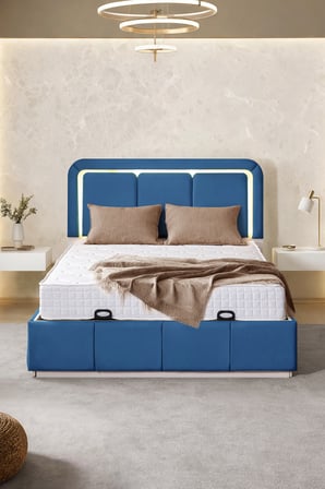 Demonte Baza Seti, Nox Ledli Çift Kişilik Baza Başlık Seti - İkili Set, Mavi - 160x200 cm