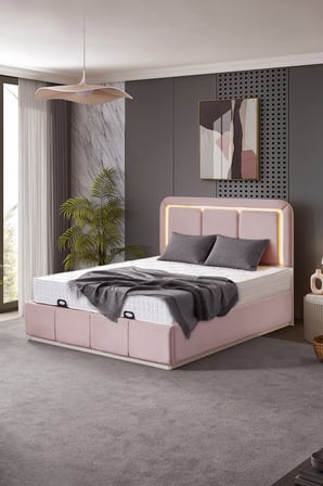 Demonte Baza Seti, Nox Ledli Çift Kişilik Baza Başlık Seti - İkili Set, Pembe - 160x200 cm