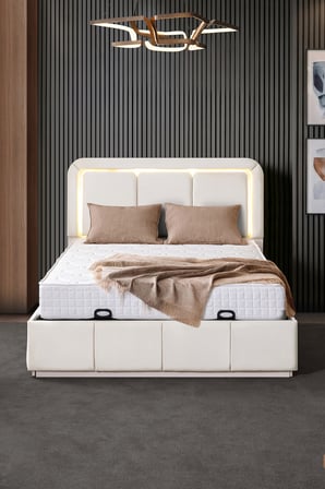 Demonte Baza Seti, Nox Ledli Çift Kişilik Baza Başlık Seti - İkili Set, Krem - 160x200 cm