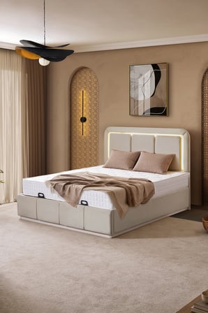 Demonte Baza Seti, Nox Ledli Çift Kişilik Baza Başlık Maxi Yatak Seti, Bej - 160x200 cm