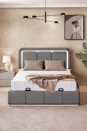 Demonte Baza Seti, Nox Ledli Çift Kişilik Baza Başlık Maxi Yatak Seti, Gri - 160x200 cm