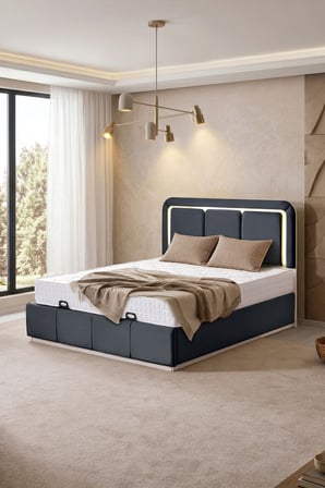 Demonte Baza Seti, Nox Ledli Çift Kişilik Baza Başlık Maxi Yatak Seti, Antrasit - 160x200 cm
