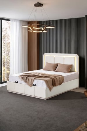 Demonte Baza Seti, Nox Ledli Çift Kişilik Baza Başlık Maxi Yatak Seti, Krem - 160x200 cm