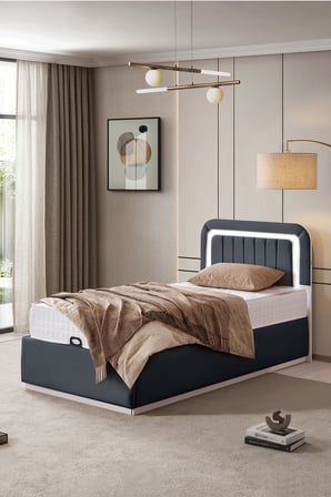 Demonte Baza Seti, Valens Ledli Tek Kişilik Baza Başlık Seti - İkili Set, Antrasit - 100x200 cm