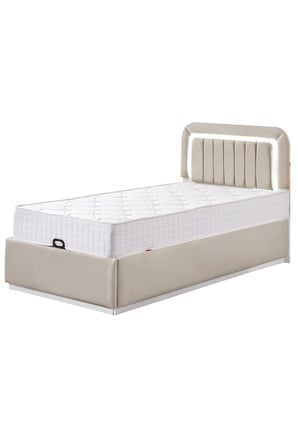 Demonte Baza Seti, Valens Ledli Tek Kişilik Baza Başlık Maxi Yatak Seti, Bej - 100x200 cm