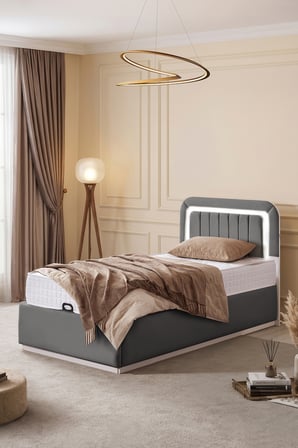Demonte Baza Seti, Valens Ledli Tek Kişilik Baza Başlık Maxi Yatak Seti, Gri - 100x200 cm