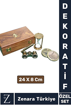 Sevgili Özel Denizci Koleksiyon Hediye PİRİNÇ PUSULA KUM SAATİ DÜRBÜN Ahşap Kutulu Premium Set