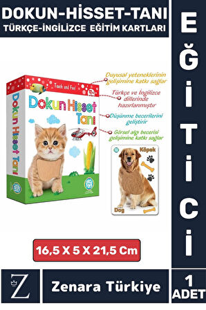 Çocuk Eğitici Görsel Algı Dil Gelişimi Eğlenceli DOKUN-HİSSET-TANI Türkçe-İngilizce Eğitim Kartları
