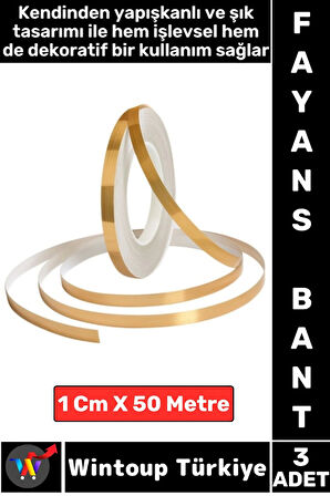 Uzun Ömürlü Kendinden Yapışkanlı Karo Zemin Fayans Derz 1 Cm X 50 Metre Gold Şerit Bant 3 Adet