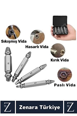 Dayanıklı Matkap Tornavida Uyumlu Hasarlı Paslı Kırık Yamuk Vida Sökme Çıkarma 4 Farklı Uçlu Set
