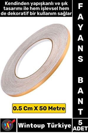 Uzun Ömürlü Kendinden Yapışkanlı Karo Zemin Fayans Derz 0.5 Cm X 50 Metre Gold Şerit Bant 5 Adet