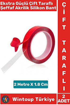 Ekstra Güçlü Suya Küfe Neme Dayanıklı Şeffaf Çift Taraflı Akrilik Silikon Bant 2 Metre X 1.8 Cm 2 Ad