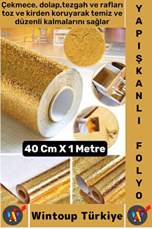 Kolay Temizlenir Yağ Kir Koruyucu Mutfak Tezgah Çekmece Dolap GOLD Yapışkanlı Folyo 40 Cm X 1 Metre