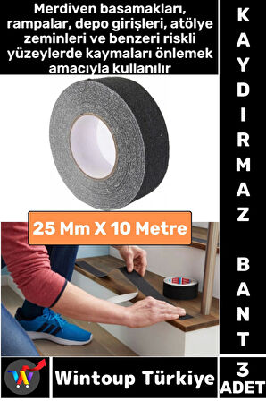 Ultra Güçlü Yapışkan İSG İş Yeri Kaygan Zemin Merdiven Siyah Kaydırmaz Bant 25 Mm X 10 Metre 3 Adet