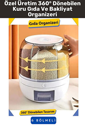 Yüksek Kaliteli Ergonomik Pratik 360° Döner 6 X 1 Lt Kapasiteli Mutfak Kuru Gıda Bakliyat Organizeri