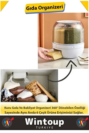 Yüksek Kaliteli Ergonomik Pratik 360° Döner 6 X 1 Lt Kapasiteli Mutfak Kuru Gıda Bakliyat Organizeri