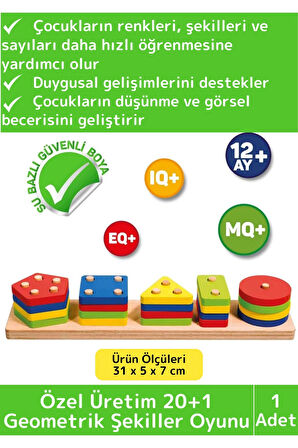 Premium Zeka Geliştirici Eğitici Öğretici Kişisel Gelişim Çocuk Ahşap 20+1 Geometrik Şekiller Oyunu