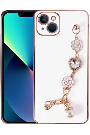 Apple iPhone 14 Kılıf Kalpli Çiçekli Bileklik Zincirli Kamera Korumalı Kenarları Gold Renk, Silikon