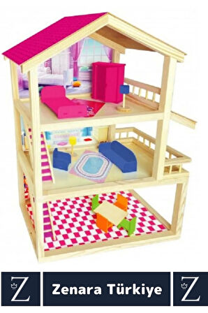 Premium Çocuk Hayal Dünyası Beceri Geliştirici El Yapımı Ahşap Eğlenceli Büyük 3 KATLI OYUN EVİ