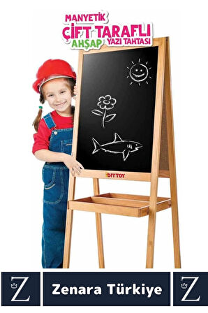 Premium Kalem Silgi Tebeşir Çift Taraflı Manyetik Kara Tahta Ayaklı Ahşap YAZI TAHTASI 110 X 45 Cm