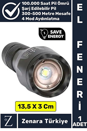 Kamp Avcı Güvenlik Balıkçı Deprem Enerji Tasarruflu 4 Mod Zoomlu Güçlü Beyaz Işık Şarjlı EL FENERİ