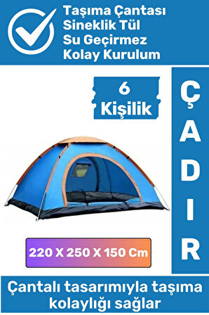 Premium Su Geçirmez Kapı Sineklik Tüllü Dayanıklı Kolay Kurulum 6 Kişilik Çantalı Kamp Deprem Çadırı