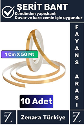 Premium Kendinden Yapışkanlı Su Geçirmez Fayans Arası GOLD Şerit Derz Bant 1 Cm X 50 Metre 10 Adet