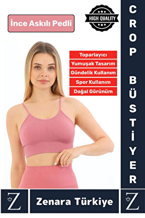 Premium Göğüs Toparlayan Sarkma Önleyen Gündelik Spor Kullanım İnce Askı Pedli Çizgili Crop Büstiyer